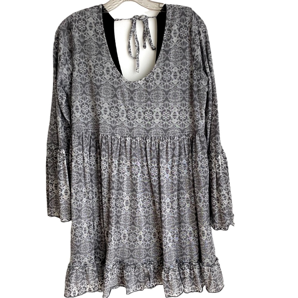Sea Gypsies by Lost Mia Rose Gray Print Boho Baby Doll Dress Size Medium